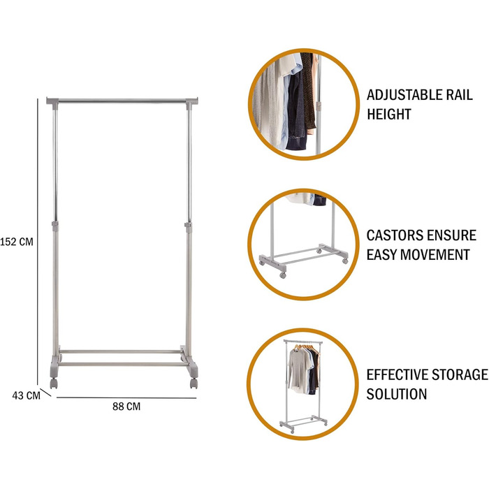 Premier Housewares Clothes Rail with Wheels, Chrome, Plastic, Grey, 43x80x152