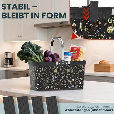 Складаний кошик для покупок на 30L з 4 стійками | Міцний кошик для перенесення та кошик для пікніка | Великий складаний кошик для сім'ї (46x27x25cm) | З м'якими ручками | Для покупок, подорожей, кемпінгу (30L, Чорний з новорічним принтом)