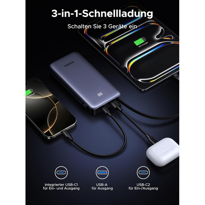Power Bank UGREEN 20000mAh 45W з USB-C кабелем та швидкою зарядкою PD, сумісний з iPhone, iPad, Samsung Galaxy, ноутбуками