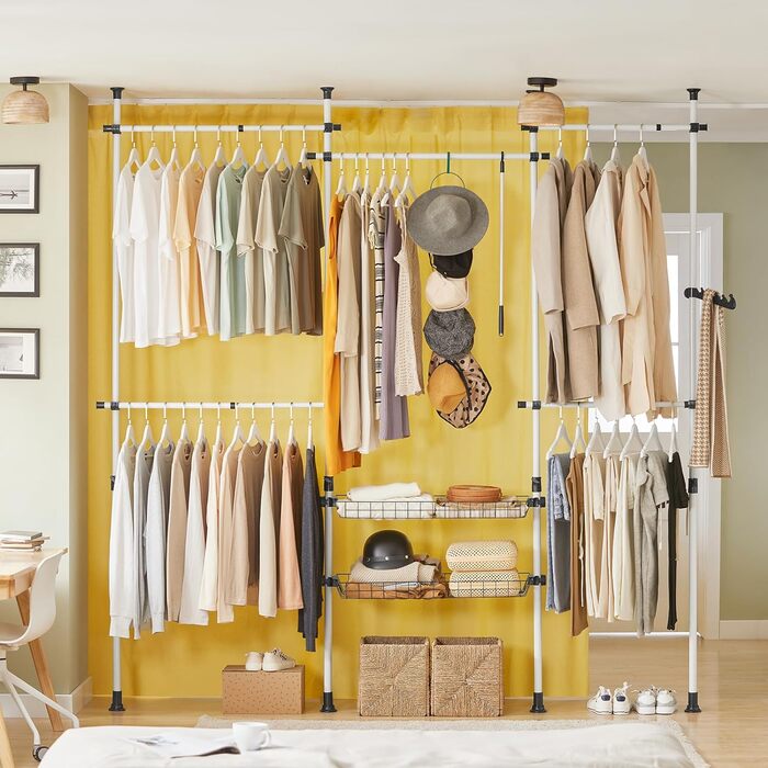 SoBuy KLS04-SCH Telescopic Clothing Rail Clothes Rack with 5 Clothes Rails and 2 Baskets Telescopic Wardrobe System Adjustable Shelving System B (209-311) x H (200-285) cm (White)