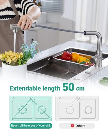 Кухонний змішувач Dayone з висувною лійкою, нержавіюча сталь SUS304, високий тиск, 2 функції, поворотна лійка 360°, L-подібна форма, G6808bn