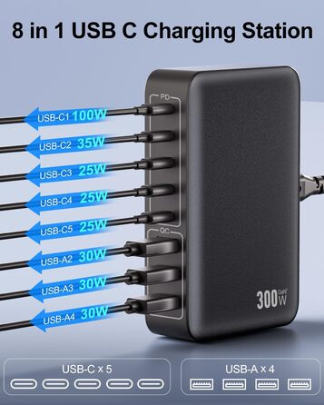 Зарядний пристрій USB-C 8-в-1, 300W, GaN адаптер для MacBook, iPhone, iPad, Samsung, ноутбуків – швидка зарядка PD
