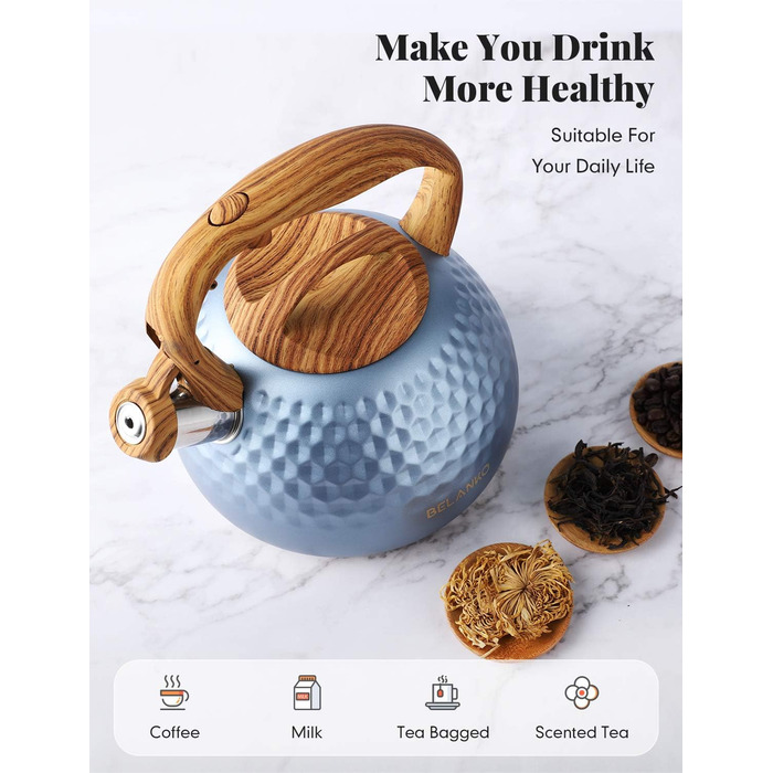 Чайник BELANKO Teekessel 2.7 л з дерев'яною ручкою, гучний свисток, чайник з нержавіючої сталі для плити, індукції, діамантовим дизайном, чорний (блакитний Glacier Blue)