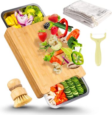 Rainsworth Bamboo Cutting Board with Drip Tray - with 3 Stainless Steel Bowls and Juice Groove - 40x30x7cm Large Solid Multifunctional Cutting Board High - Vegetable Cutting Board Bumbus with Feet