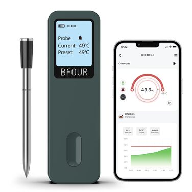 BFOUR Wireless Meat Thermometer Grill Thermometer Bluetooth with App, IP67 Waterproof Core Temperature Probe, Large Display Roasting Thermometer, App Control, for Grill, Oven, Rotisserie (Green)