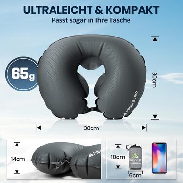 Надувна подушка для шиї HIKENTURE для подорожей літаком, поїздом - ультралегка, сіра