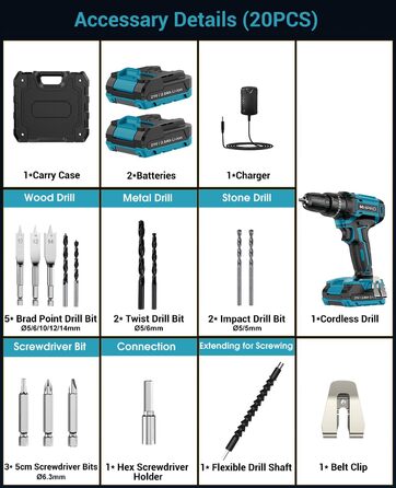 Акумуляторний шуруповерт MHPRO 21V з 2 акумуляторами 2.0Ah, 42Nm, 25+3 ступені крутного моменту, LED, 10мм патрон, 14-ти частинний набір для дому та саду