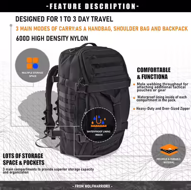 Miramrax Men's Travel Bag - Large Tactical Bag, Weekend Bag, Gym Bag for Overnight Stays, Travel, Military Training, Deployment, Sports, Duffel Bag (45L, Black)