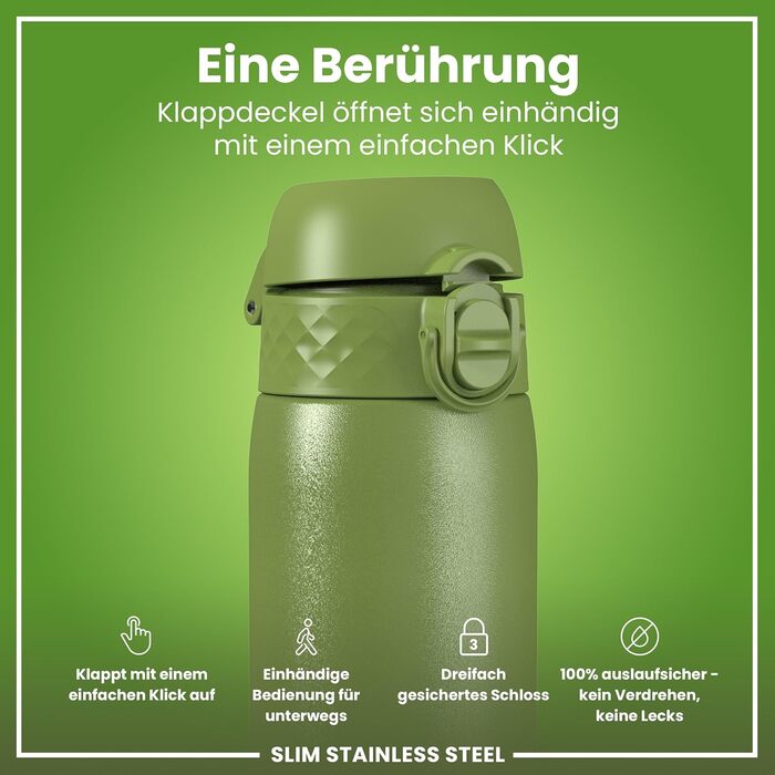 Ion8 Stainless Steel Drinking Bottle, 600 ml, Leak-Proof, One-Hand Operation, Secure Locking Mechanism, Dishwasher Safe, Flip-Top Lid, Carrying Handle, Easy to Clean, Durable & Scratch-Resistant (Stainless Steel, Khaki Green)