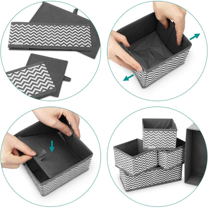 Navaris Storage Boxes Organizer Organization System Fabric Boxes - 12 Pieces in Various Sizes - for Wardrobe and Drawers - Foldable (Gray - White)