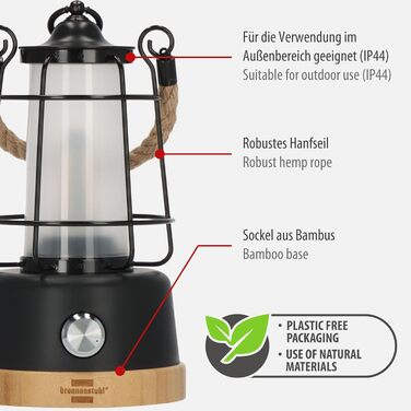 Brennenstuhl LED Rechargeable Camping Lantern CAL 1 (350 lm, IP44, up to 75h runtime, infinitely dimmable, adjustable color temperature, rechargeable USB outdoor lamp with hemp rope and bamboo base)