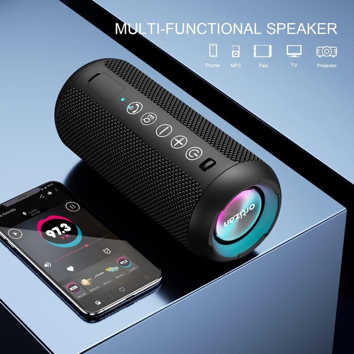 Портативна Bluetooth колонка Ortizan з RGB підсвічуванням, IPX7, 30 годин роботи, Bass Boost, TWS, AUX, TF картка, мікрофон (чорний)