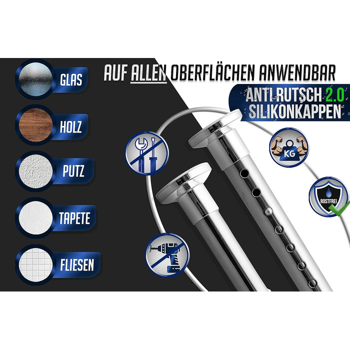 Штанга для душу без свердління 160-210 см, срібна, Ø 32 мм, телескопічна, з кріпленнями - для ванни, дверей, шафи. Нержавіюча сталь