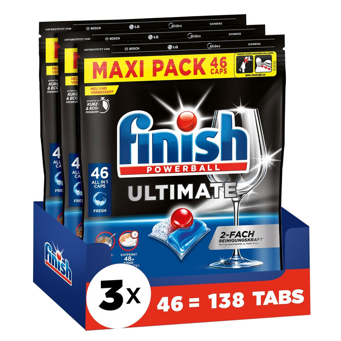 Таблетки для посудомийних машин Finish Ultimate Fresh, XXL упаковка, 276 шт (46 шт x 6 або 92 шт x 3) — максимальне очищення, розчинення жиру та блиск