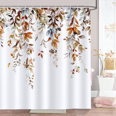 Штора для душу Bonhause Braun Евкаліпт, акварель, рослини, квіти 180x180 см, поліестер, антигрибкова, водонепроникна, з гачками (12 шт.)