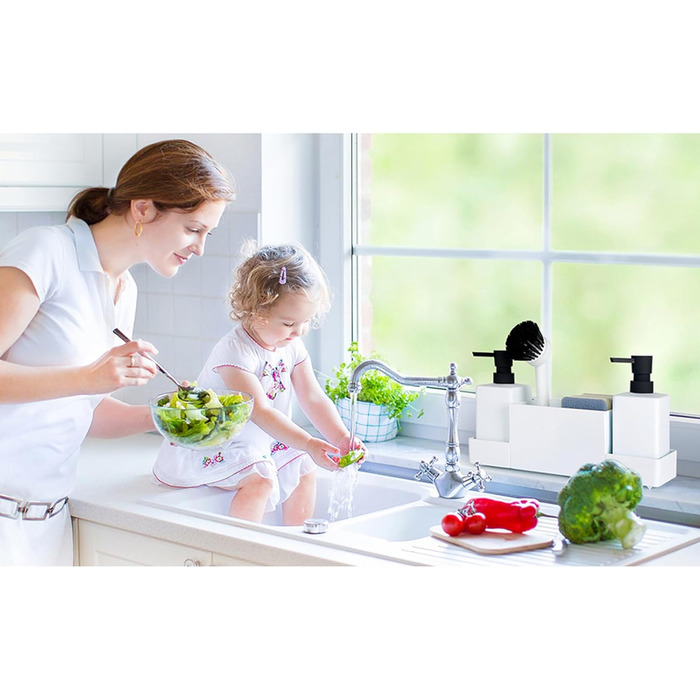 Dish Soap and Hand Soap Dispenser Kitchen Set with Sponge Holder and Brush, Dish Soap Dispenser Kitchen Black, Soap and Dish Soap Dispenser Set Kitchen Gadget Sink Organizer with Soap Dispenser (White, 4 in 1)