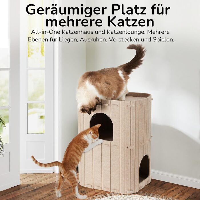 Cat Cave, Stable Cat Cave Made of High-Quality Felt, 3-Layer Indoor Cat House, Cat Cave for Sleeping, Playing and Hiding, Felt Cave Beige, 45 x 37 x 60cm, Large
