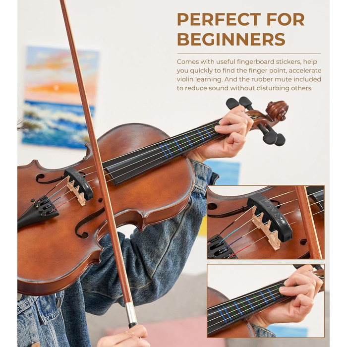 Скрипка Vangoa 4/4 з масиву дерева, набір для початківців, акустична, з кейсом, підставкою, смолою, струнами, інструкцією, демпфером, наклейками для нот, для дорослих, дітей та підлітків