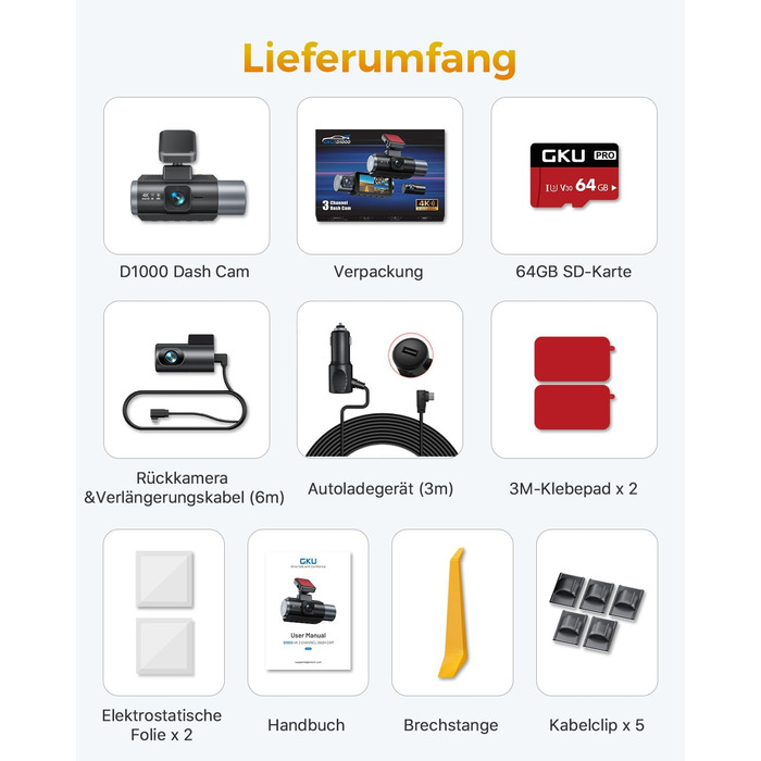 Відеореєстратор GKU 3-камерний, 4K+1080P+1080P, GPS, WiFi, IPS-дисплей 3