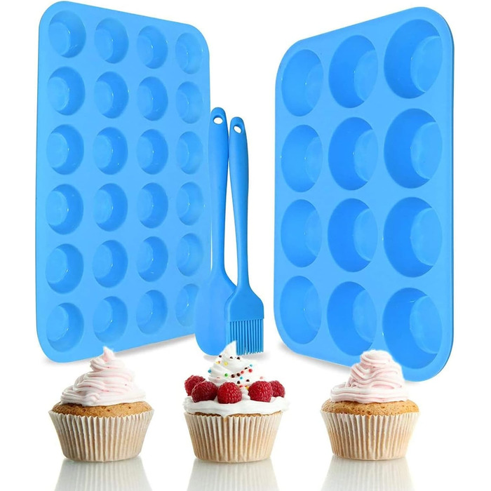 2 Pack Silicone Muffin Baking Mold Set - Regular 12 Cups + 24 Cups Cupcake Mold BPA Free, Non-Stick, Heat-Resistant, Food-Grade Silicone Baking Molds with Bonus 1 Silicone Spatula & 1 Oil Brush blue