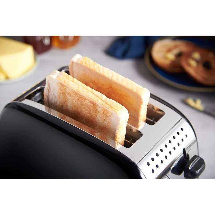Тостер Russell Hobbs Colours Plus на 2 тости, нержавіюча сталь, чорний, з широкими відділеннями, підставкою для булочок, 6 режимів підсмажування, функцією розморожування, Lift & Look, 1600 Вт (26550-56)