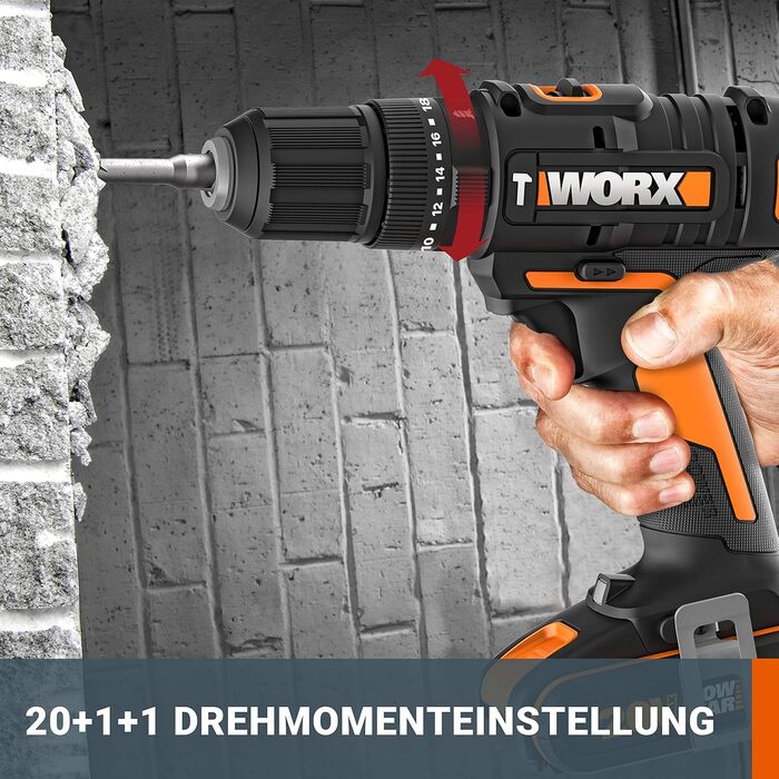 WORX NITRO WX352 акумуляторний ударний дриль-шуруповерт Set 20V - безщітковий двигун - для шурупування, свердління та ударного свердління - 60Nm - 2-швидкісна коробка передач & LED-підсвітка - в комплекті 2x20V 2Ah акумулятори & 2A швидка зарядка