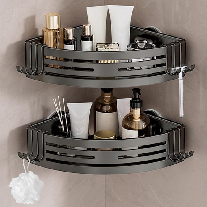 Поличка для душу Lekesky без свердління, кутова, з міцними присосками, алюміній, нержавіюча сталь, знімна, 2 шт., Gunmetal Grey