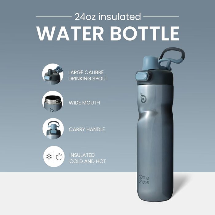 BOTTLE BOTTLE Insulated Water Bottle, 680 ml, with Handle and Flip-Top Lid, Bicycle Water Bottle, Push-Button Lid, Leak-Proof, Portable, for Travel, Sports, Riding, Green (Blue)