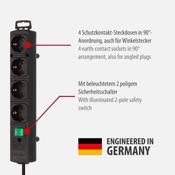 Брененштуль Comfort-Line Plus Розподільник розеток 4-fach з вимикачем, 2м кабелем та широкими проміжками між розетками, чорний
