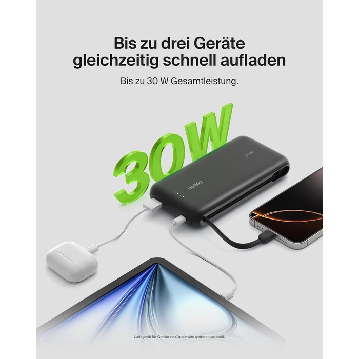 Зовнішній акумулятор Belkin Portable Powerbank 20000 mAh 30W з вбудованим кабелем USB-C PD для iPhone 16, iPad Pro, Samsung Galaxy S25, чорний