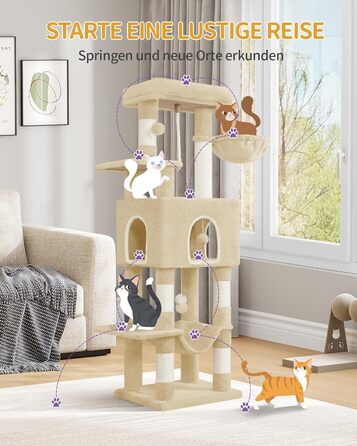 Дерев'яний будиночок для котів Hzuaneri Kratzbaum, 149 см, з 5 стовпчиками для шліфування, платформами, затишною печерею, багатоповерховий центр активності для котів, помпонами, бежевий (MS14918LG)