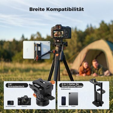 Алюмінієвий штатив для камери та смартфона K&F Concept з гідравлічною головою, висота 162 см, навантаження до 10 кг, дорожній трипод для планшета та телефону