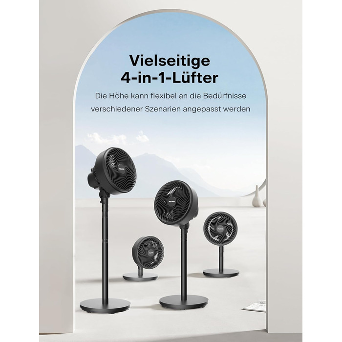 Вентилятор торнадо PELONIS з дистанційним керуванням, сенсорним дисплеєм, 3D циркуляцією, тихий (36.5dB), потужний (10м повітряний потік), регульована висота (60/111см), 4 швидкості з таймером, знімний захисний гріт, поворотний, 76см, чорний