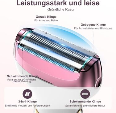 Електричний жіночий тример 4-в-1 з цифровим дисплеєм – для обличчя, ніг, під пахвами та інтимної зони, водонепроникний IPX7, USB-зарядка, рожевий