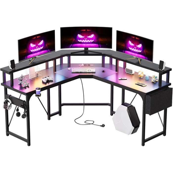 Ігровий стіл 153x153 см L-подібний з LED підсвіткою, 2 розетками, 2 USB портами, полицею для монітора, кутовий комп'ютерний стіл, вугільно-чорний