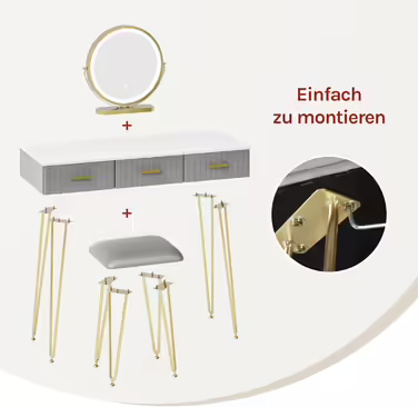 WOLTU Vanity Table with Mirror and Stool, Dressing Table with 3 Drawers Made of Solid Wood, Large High-Gloss Tabletop, Modern Cosmetic Table from Velvet and Metal, White, MB6080gr (Grey, 100x40cm with LED Lighting)