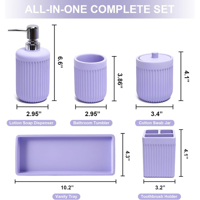 Набір аксесуарів для ванної кімнати XLHOMO з акрилу, 5 шт: дозатор для лосьйону/мила, тримач для зубних щіток, чашка для ванної, тримач для ватних паличок та піднос для туалетного столика, органайзер для дому, світло-фіолетовий
