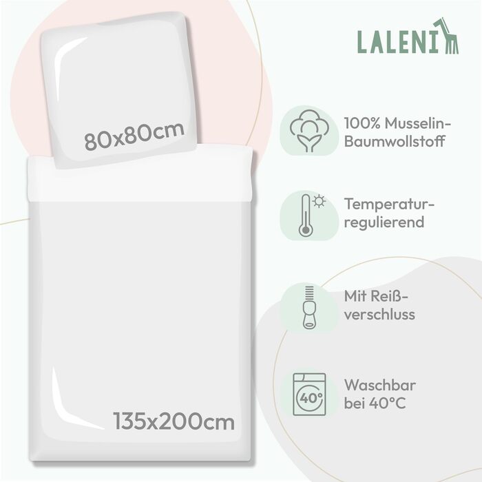 Бетлічна постільна білизна Laleni з бавовняного мусліну 80x80 + наволочка 35x40 см - комплект сертифікований Oeko-TEX для літа (Антрацит, 135x200 см, 80x80 см)