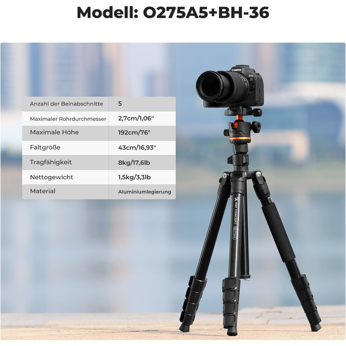 Штатив K&F Concept S255A3+BH-36, 190 см, для камери/DSLR/Camcorder, з тримачем для смартфона/планшета, чорний