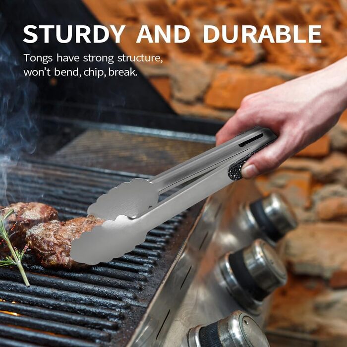 Stainless Steel Kitchen Tongs, 22.9 cm and 30.5 cm, 2 Pieces, Sturdy Grill Tongs with Brushed Closure, Food Tongs with Ergonomic Handle, Black
