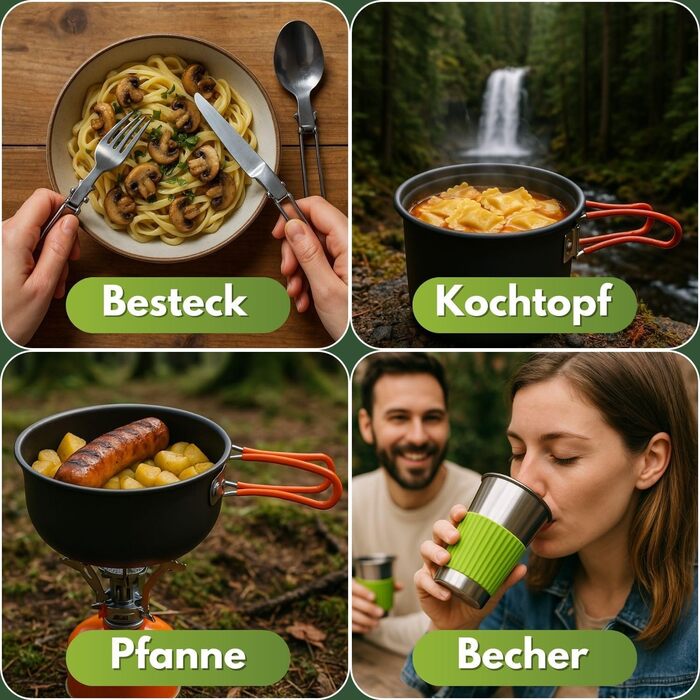 Набір посуду Coeo 7 предметів для приготування їжі на відкритому повітрі (каструля, сковорода, столові прибори, чашка) - зелений