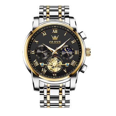 Годинник чоловічий OLEVS з металевим ремінцем, кварцовий, з місячною фазою, хронограф, водонепроникний (2859 Чорний / Двоколірний)