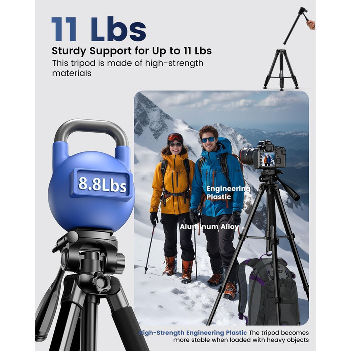 Штатив для камери та монопод CAMBOFOTO 185.4 см (73 дюйми), професійний, з підтримкою для телефону та чохлом, сумісний з дзеркальними/беззеркальними камерами, DSLR, мобільним телефоном, відеокамерою, GoPro, алюміній, оранжевий