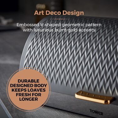 Хлібниця Tower Empire з роликовим кришкою, нержавіюча сталь, сірий колір, з латунними деталями