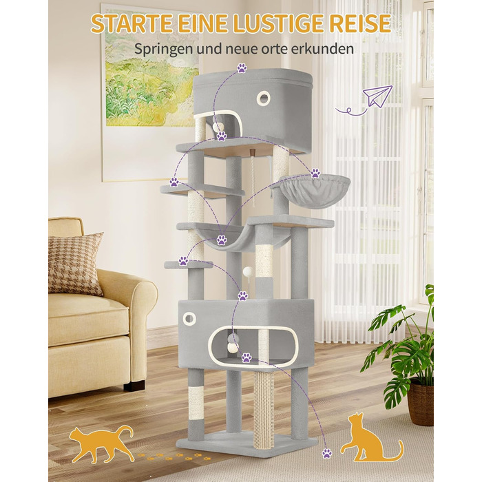 Когтеточка для котів Hzuaneri XXL (203 см) з великою платформою, 2 печери, 7 стовпчиків, помпонами, лежаками та гамаком. Підходить для всіх порід котів. MS20318YL (Світло-сірий)