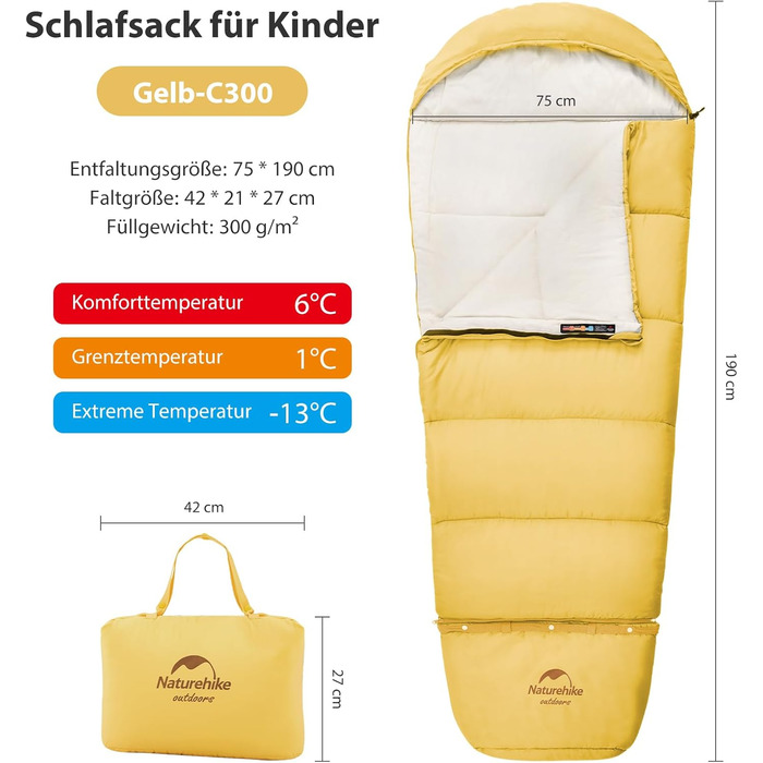 Дитячий спальний мішок Naturehike C300-Gelb для кемпінгу, подорожей, літа, весни, осені - бавовна, легкий, теплий