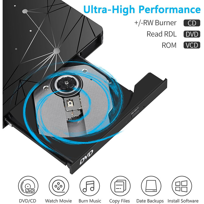 Зовнішній CD/DVD привід LMEN з USB 3.0 для ноутбука та ПК, портативний DVD-записувач CD-ROM, низький рівень шуму, сумісність з Windows, Linux, MacBook