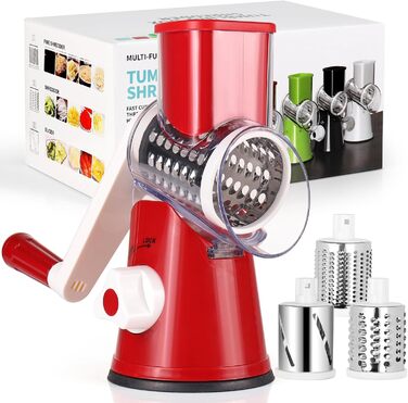 Ручна тертка для сиру та овочів Diealles Shine з 3 змінні леза з нержавіючої сталі, з кришкою, для сиру, овочів, горіхів, кабачків, моркви (червона)