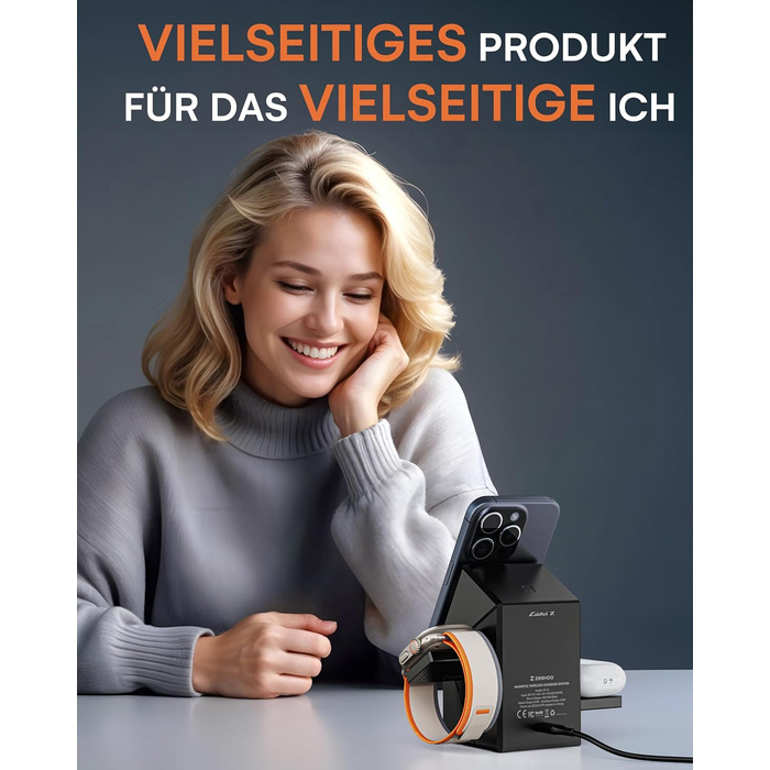 ZEEHOO Зарядна станція 3 в 1 для Apple MagSafe, iPhone 16/15/14/13/12, Apple Watch та AirPods (30W USB-C), Чорний