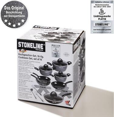 STONELINE Ceramic Cookware Set, 16-Piece, 18/20/24/28 cm Pots and Pans, PFAS-Free, Cookware Set with Lids, Ceramic Coating with Real Stone Particles, Grey, 16-Piece
